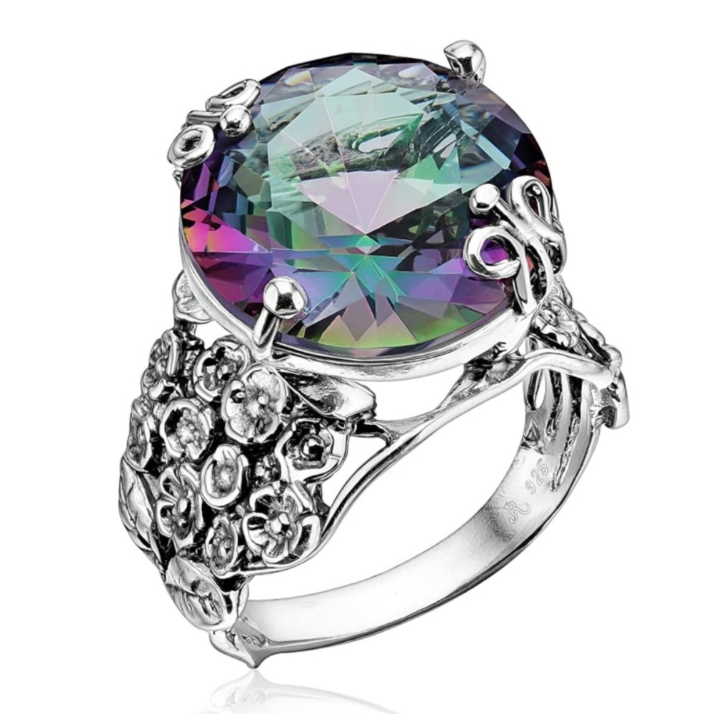 Mystic Topaz - 925 Sterling Silver Floral & Butterfly Vintage Statement Ring
